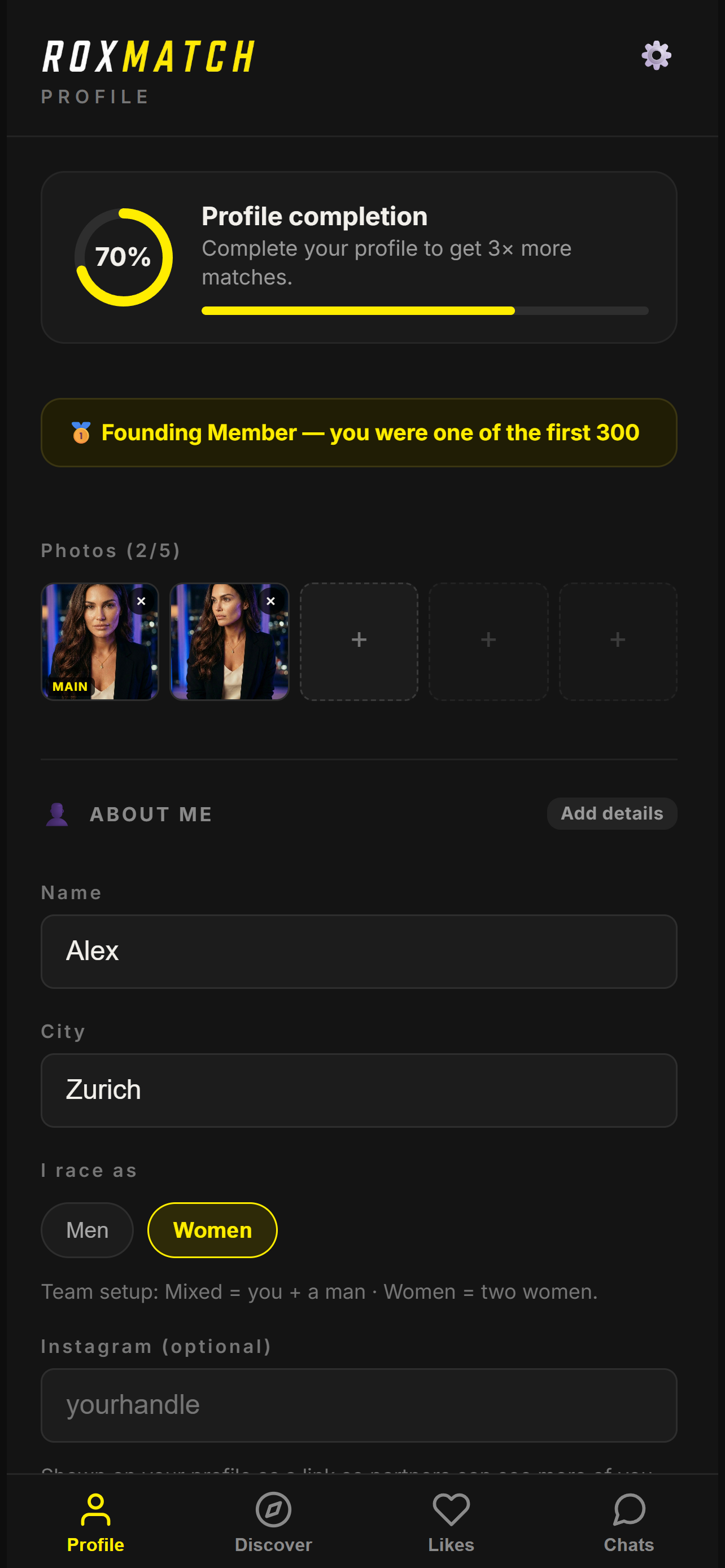 ROXMATCH profile screen